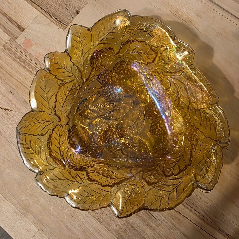 Indiana Amber Carnival Glass Vintage Marigold Loganberry Triangle Candy Nut Dish